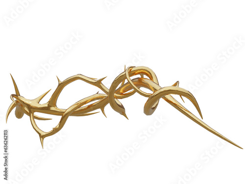 A 3d rendered golden vine with thorns isolated on a transparent background