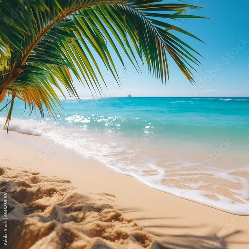 Sandy tropical beach with a palm tree branch. Blue sky summer relax concept. 3D render illustration