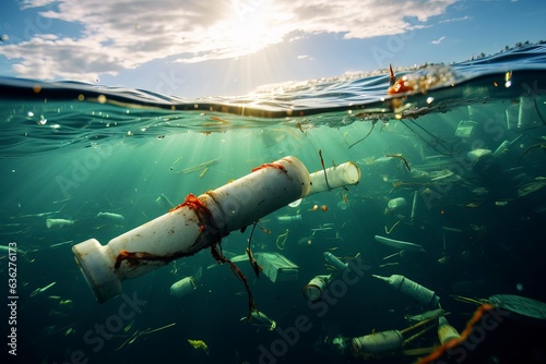 Ocean pollution due to plastics. Images depicting the harmful impact of plastic waste on marine ecosystems. 'generative AI' 