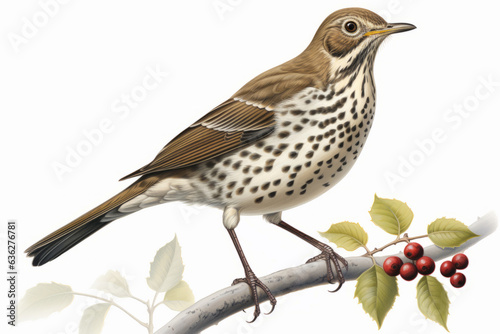 Close up illustration of a European Song Thrush Turdus philomelos cut out an isolated on a white background