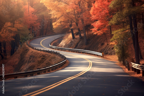 Road with curve through beautiful autumn forest landscape. Autumn forest with yellow and red trees, colorful foliage and curvy road. Generative AI