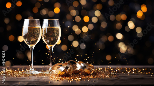 Opulent and celebratory background banner greeting card suitable for occasions like birthdays, New Year's Eve (Sylvester), or other holidays. The scene features a toast with sparkl