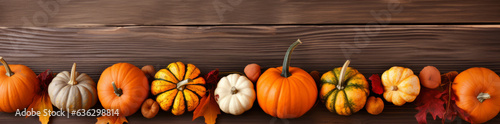 Thanksgiving Background. Autumn banner of pumpkins and fall decor on a rustic wood background with copy space. Generative AI.