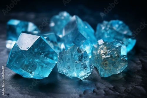 Various forms of blue topaz crystals adorn the background. Generative AI