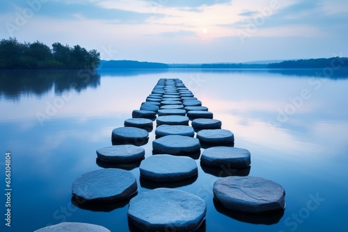 Path of blue stepping stones across calm water for serene and tranquil zen ambiance. Generative AI