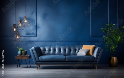 Blue Sofa and Empty Dark Blue Wall Background Interior. Generative AI