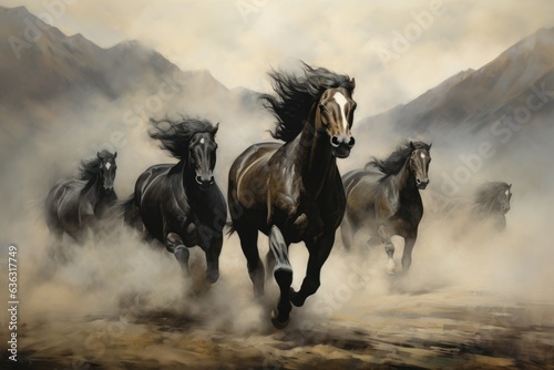 white horses running in a field on a black background