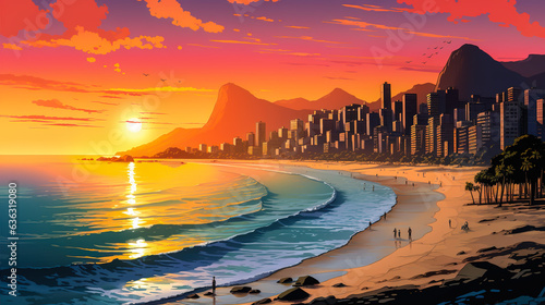 Copacabana beach illustration landscape and sunrise or sunset. Colorful comic book style illustration. Digital illustration generative AI.