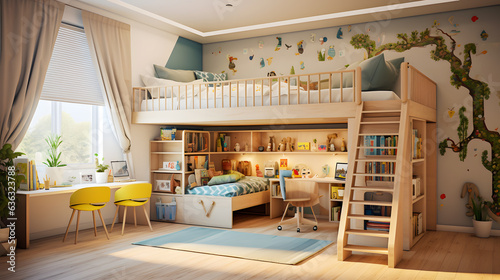 Step into a haven of creativity and joy with this mesmerizing image of a kids' room. A loft bed with a built-in study nook underneath provides the perfect space for learning and exploration.