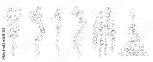 Carbonated water fizz bubbles. Underwater fizzing air scattered bubble flow for aerated sparkling drinks. Floating oxygen spheres visual effect vector illustration
