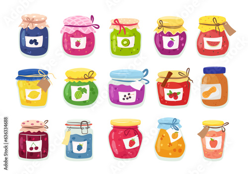 Homemade jams in glass jars. Gourmet sweet meals from berries, fruit preserves and peanut butter. Tasty jam isolated vector collection