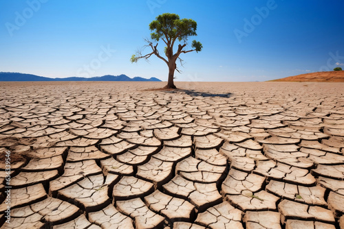 Isolated tree in drought land, dry soil ground in desert with cracked mud in arid landscape. Shortage of water, climate change, global warming concept, no people.