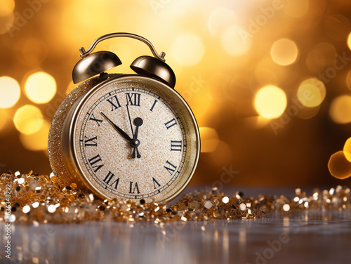 Beautiful round clock with hands on a golden shiny New Year's background