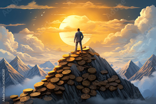The concept of financial growth and success with Bitcoin. a person standing atop a mountain of Bitcoins, symbolizing their investment journey reaching new heights. AI Generative