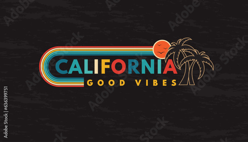 Retro vintage California sunset logo badges on black background graphics for t-shirts and other print production. Vector illustration for design. 70s-style concept. Good vibes.