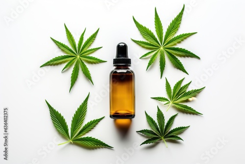 CBD oil and cannabis leaves on white table, versatile for medicine, cosmetics, top view with text space