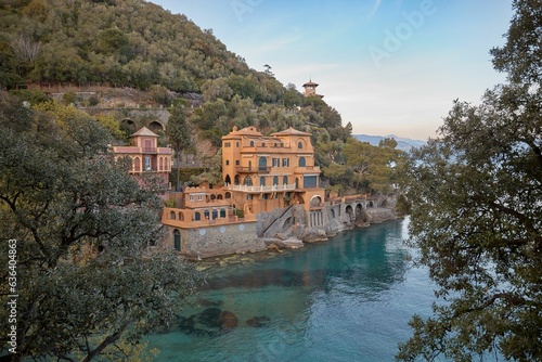 Houses on the edge of a hillside in Portofino