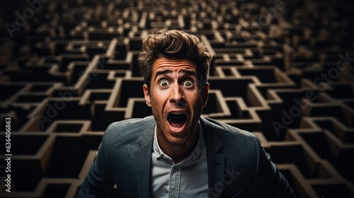 Being lost in a maze shocked face of a man dark background with a place for text 