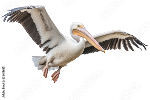 The great white pelican flying isolated on white background. Generative AI