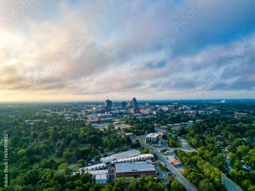 Aerial view Above Greensboro, NC at dawn on summer morning