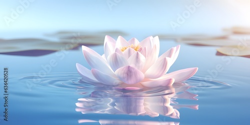 Lotus flower on blue water surface with reflection, nature background. Generative AI.