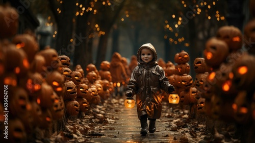 a child's gleeful journey through the halloween night: amidst glowing pumpkins, flickering lanterns, and festive decorations, holding his very own lantern close. Ai Generated