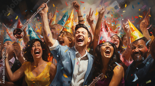 A playful scene of people wearing festive party hats and blowing colorful party horns, exuding sheer joy and excitement 