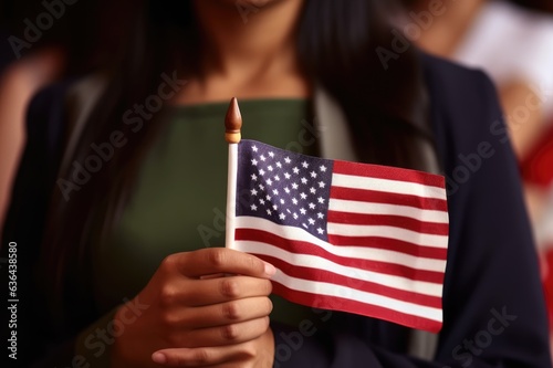 Female immigrant holding a small US flag the day of her naturalization ceremony