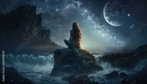 Mermaid watching a beautiful night sky. Generative AI
