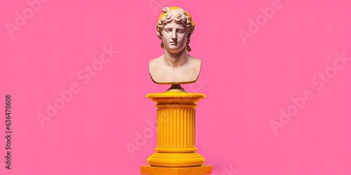 An emoticon like classical bust with no faces stands on a yellow pedestal against a pink backdrop in this artwork.
