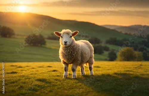 Cute little baby sheep on the green meadow at sunset, animal background, banner with copy space text 