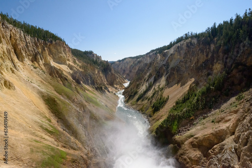 Yellowstone River Flowing Through A Large Canyon Below A Huge Waterfall. July 2023