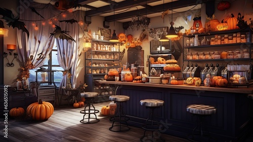 Enjoy your coffee amidst Halloween decorations in a charming cafe. Perfect for fall festivities.