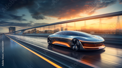 self - driving electric car gliding down a futuristic highway, showcased in a wide banner format
