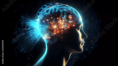 Silhouette of Men's laminate brain with light connection.Brain waves.Human brain neuroscientist concept.
