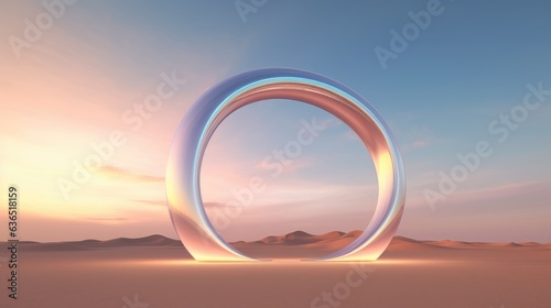 Amidst the desert's vastness, a shimmering silver arch rises, embodying the essence of colorful surrealism. This artistic creation adds a touch of modern vibrancy to the barren landscape