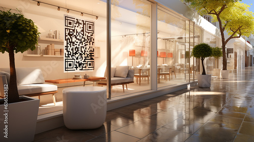 Sleek storefront with a prominent QR code, a nod to the digital age of shopping, generative AI