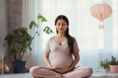 Pregnant Indian woman doing meditation or breathing exercises for healthy pregnancy.