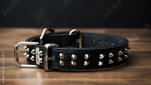  a black leather dog collar with silver studs on it. generative ai
