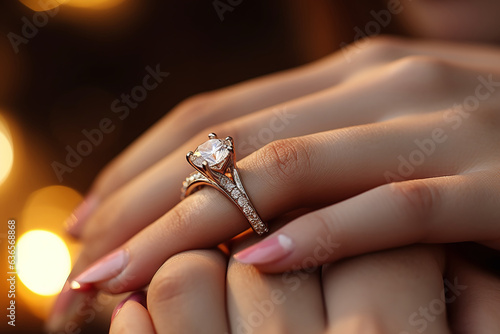 Close up of an elegant engagement diamond ring on woman finger. love and wedding concept.
