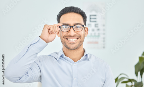 Happy man, face or glasses for vision, eye exam or optometry in clinic wellness, health or prescription frames. Person, portrait or Mexican patient in optician, ophthalmology and eyesight assessment