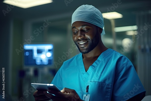 African male nurse looking at digital tablet in the hospital ,Generative AI..