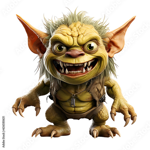 Treacherous short green goblin in tatters. Halloween, spooky season. White or transparent background, png. Ai generated