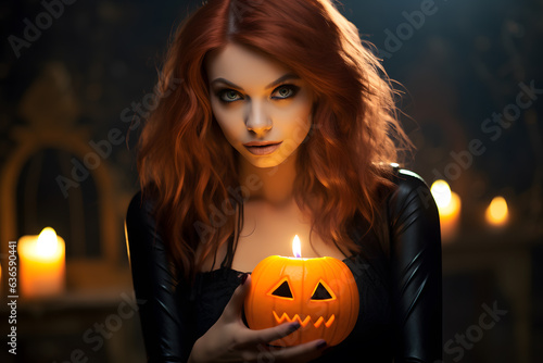 beautiful flirty model goth girl holding a glowing halloween