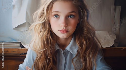 Zaskoczona dziewczynka z kolorowym pasemkiem we włosach w szkolnej ławce patrzy prosto w oczy