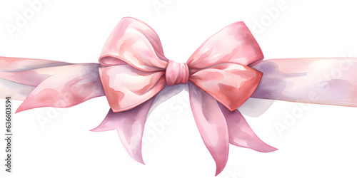 Pink bow with ribbon watercolor illustration isolated on transparent background
