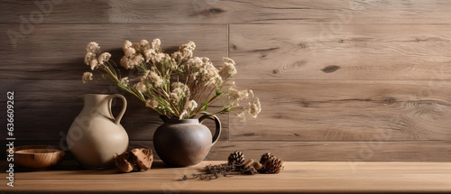 Ceramiczne wazony z suszonymi kwiatami na drewnianym tle