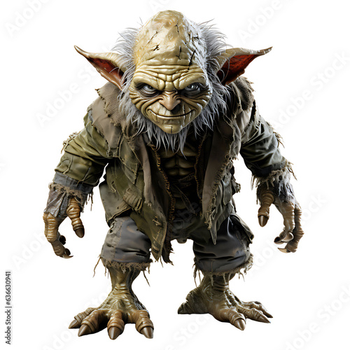 Treacherous green goblin in tatters. Halloween, spooky season. White or transparent background, png. Ai generated