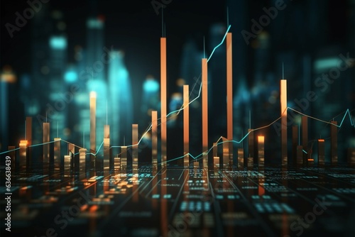 Finance backdrop unites stats, candlesticks, bar chart, uptrend arrow for economy theme Generative AI