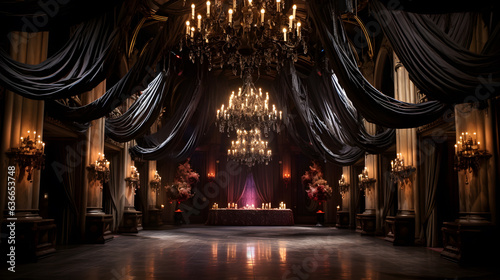 Step into a world of haunted elegance with this awe-inspiring image. A grand ballroom adorned with Gothic décor hosts a masquerade ball, where guests don elaborate costumes that pay homage to classic